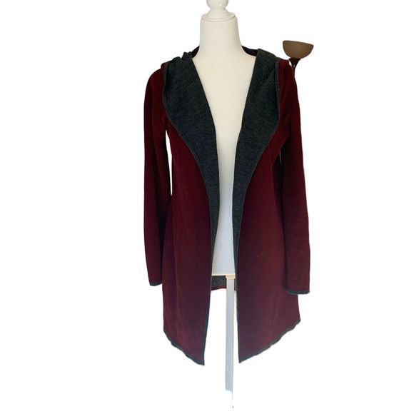 BNCI by Blanc Noir Red Wool Blend Hooded Long Sleeve Long Line Cardigan Sweater - Picture 7 of 10